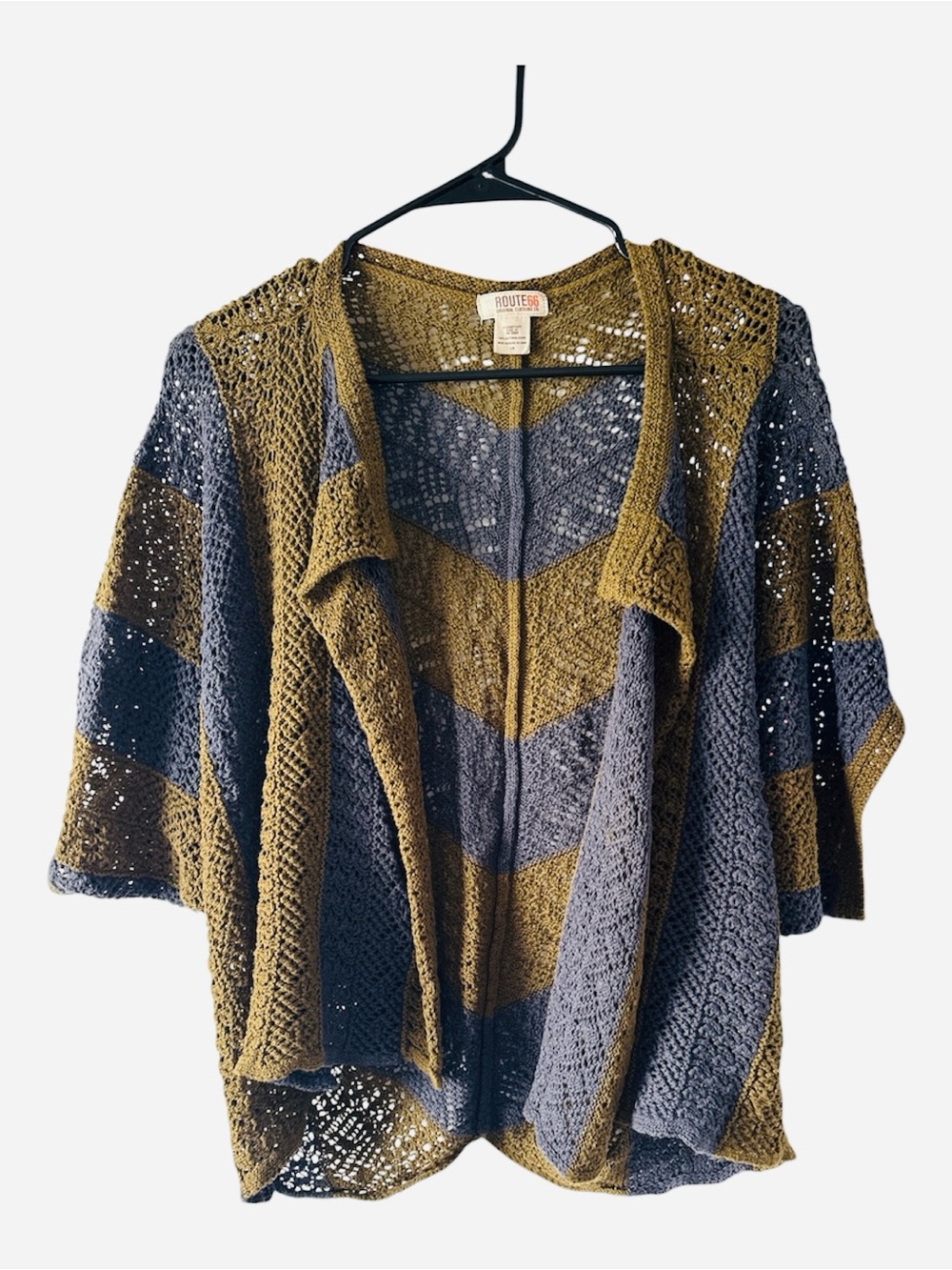 Route 66 Open-Front Striped Knit Poncho Cardigan - Blue and Olive Large